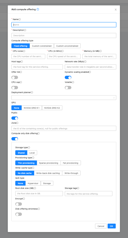 Compute offering dialog box