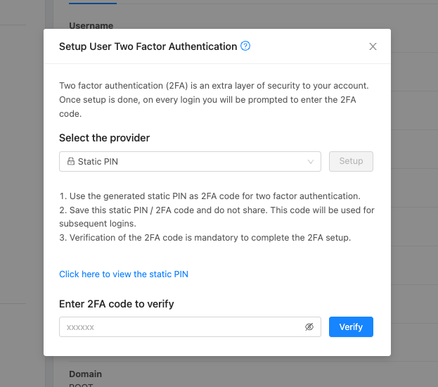 Configure static PIN 2FA form